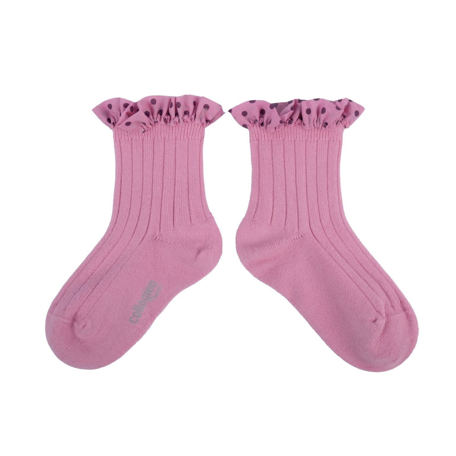 Collegien Polka Dots Ruffle Ankle Socks - Rose Bonbon *Preorder*