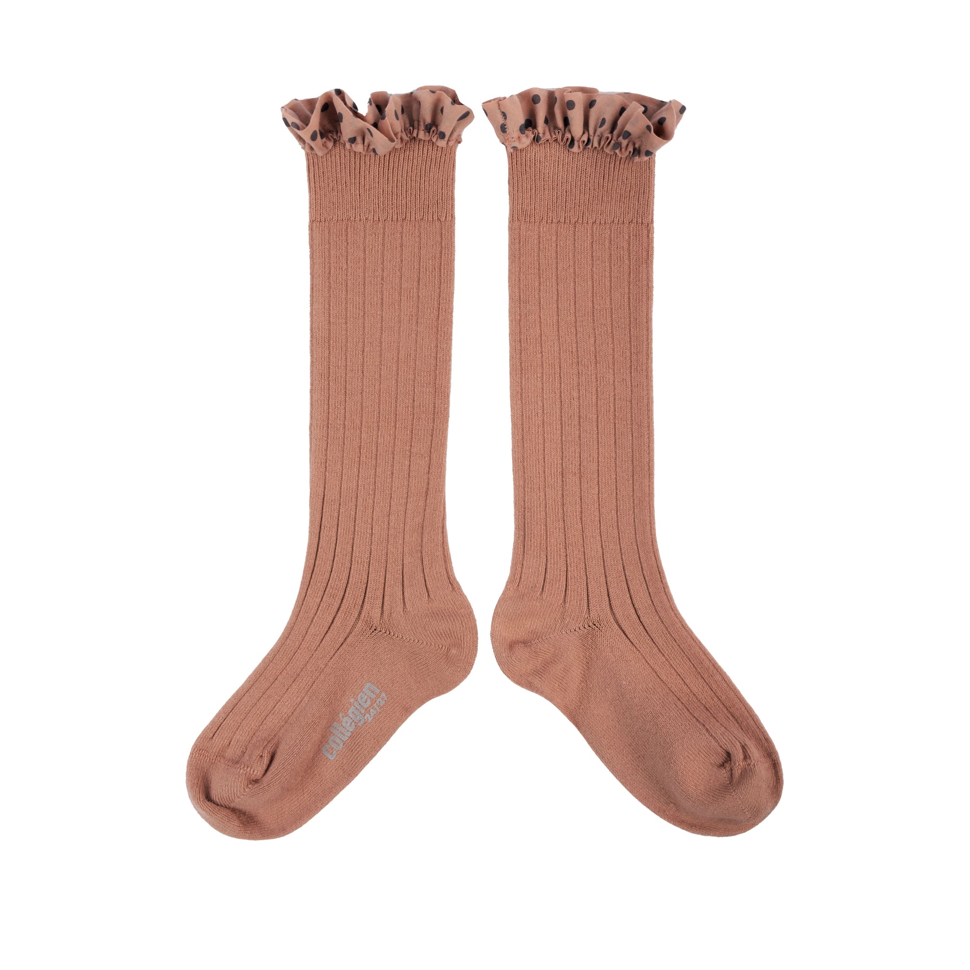 Collegien Maud Polka Dots Ruffle Knee High Socks - Bois de Rose *Preorder*