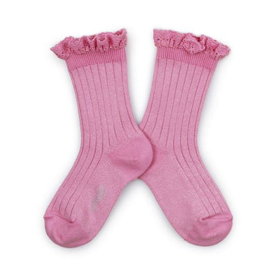 Collegien Victorine Lace-trim Glitter Ankle Socks / Rose Bonbon *preorder*