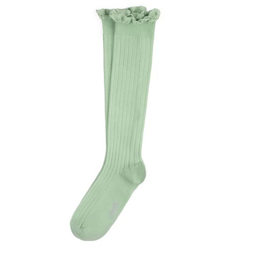 Collegien Josephine Ribbed Lace Trim Knee High Socks/ Verveine *preorder*
