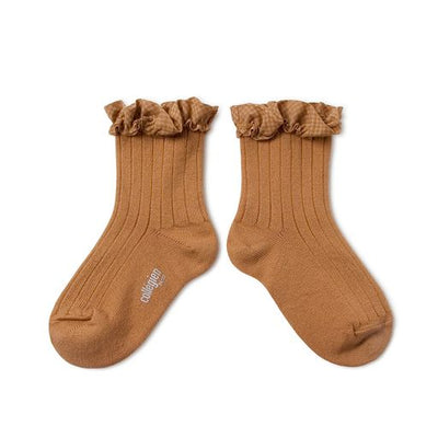 Collegien Gingham Ruffle Ribbed Ankle Socks / Caramel *preorder*