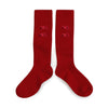Collegien Ribbed Velvet Bows Knee High Socks / Rouge Carmin