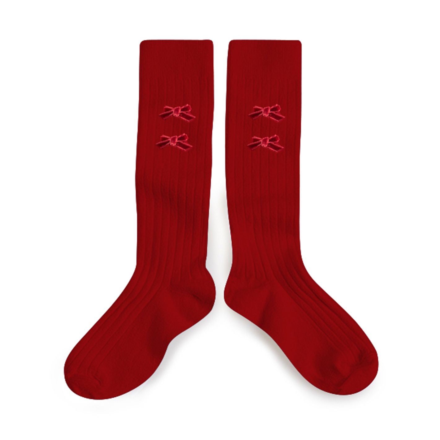 Collegien Ribbed Velvet Bows Knee High Socks / Rouge Carmin
