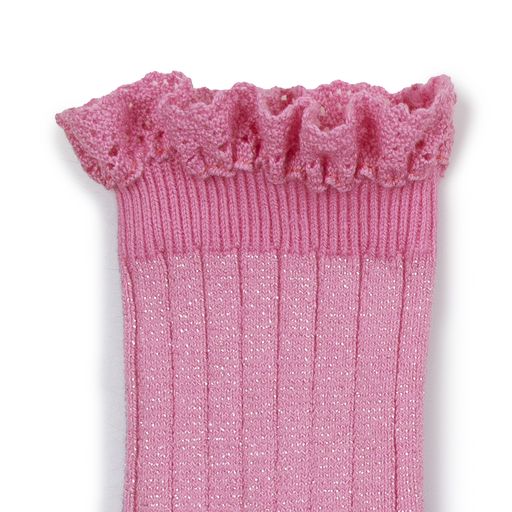 Collegien Victorine Lace-trim Glitter Ankle Socks / Rose Bonbon *preorder*