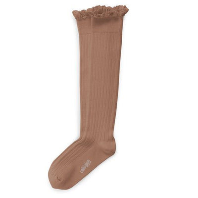 Collegien Josephine Ribbed Lace Trim Knee High Socks/ Petite Taupe *preorder*