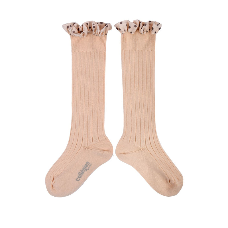 Collegien Maud Polka Dots Ruffle Knee High Socks - Sorbet *Preorder*