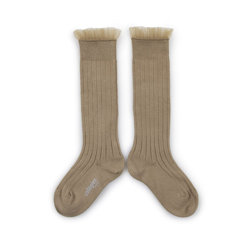 Collegien Manon Ribbed Tulle Trim Knee High Socks / Petite Taupe *preorder*