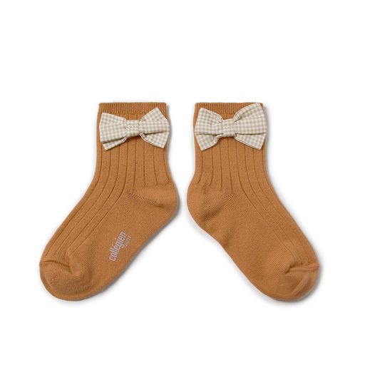 Collegien Colette Gingham Bow Ribbed Ankle Socks /Caramel  *preorder*