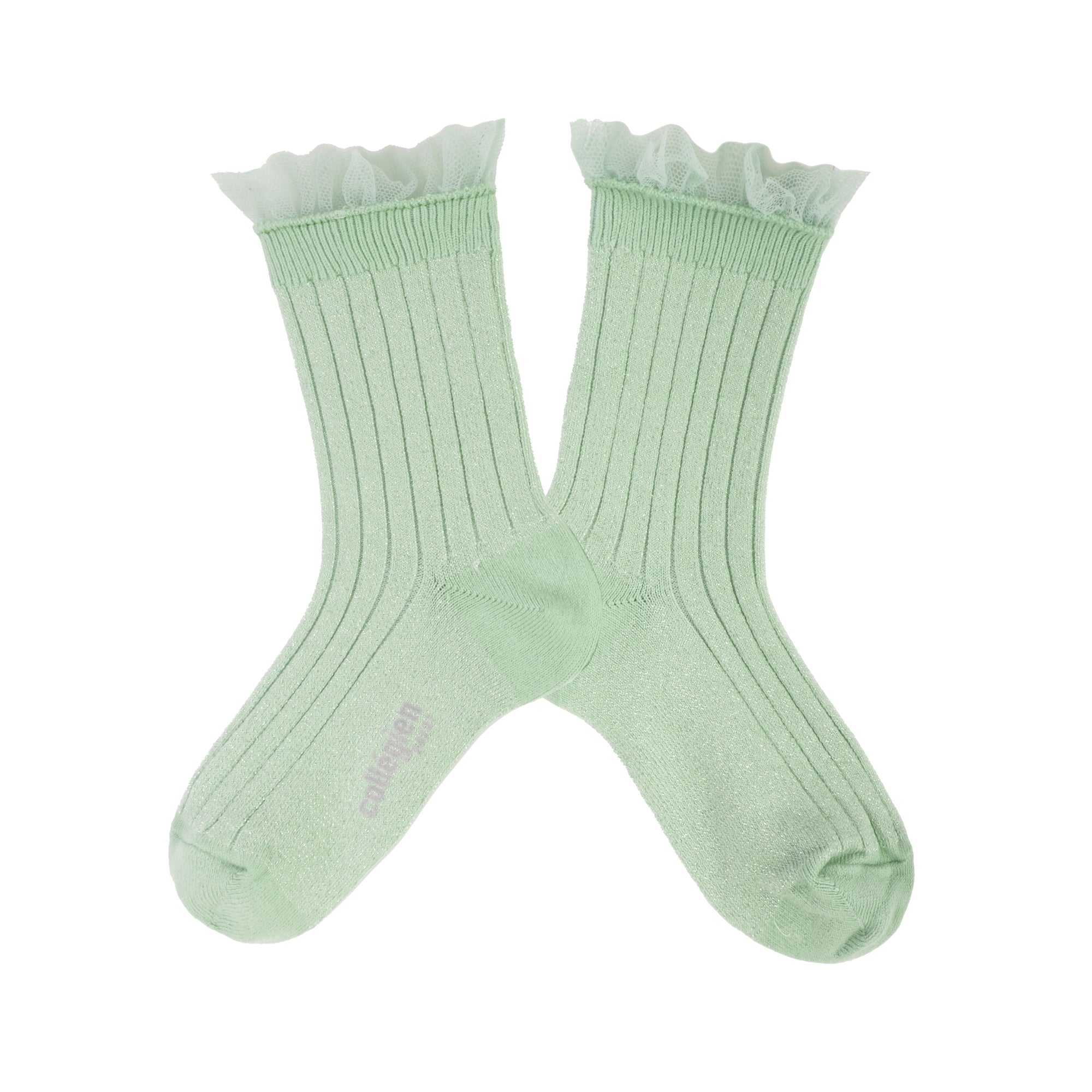 Collegien Alizee Ribbed Tulle Trim Glitter Ankle Socks / Verveine *preorder*