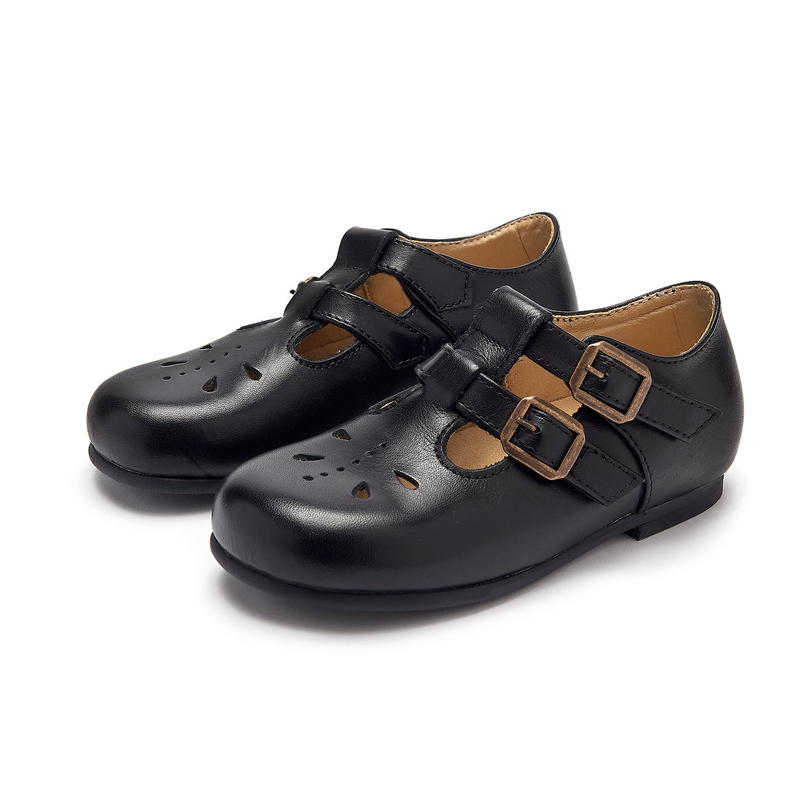 Young Soles Lucy T-Bar Leather Shoes - Black/Yellow/Rose Gold