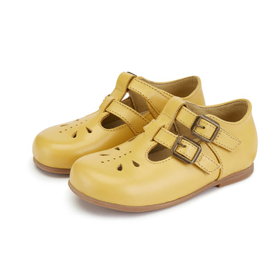 Young Soles Lucy T-Bar Leather Shoes - Black/Yellow/Rose Gold