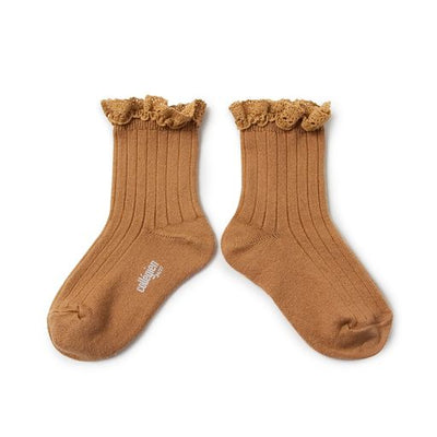 Collegien Lili Ribbed Lace Trim Ankle Socks/ Caramel *preorder*