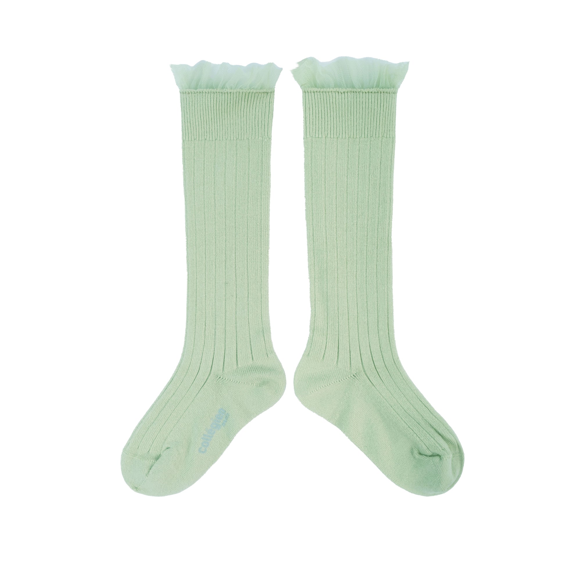 Collegien Manon Ribbed Tulle Trim Knee High Socks / Verveine *preorder*