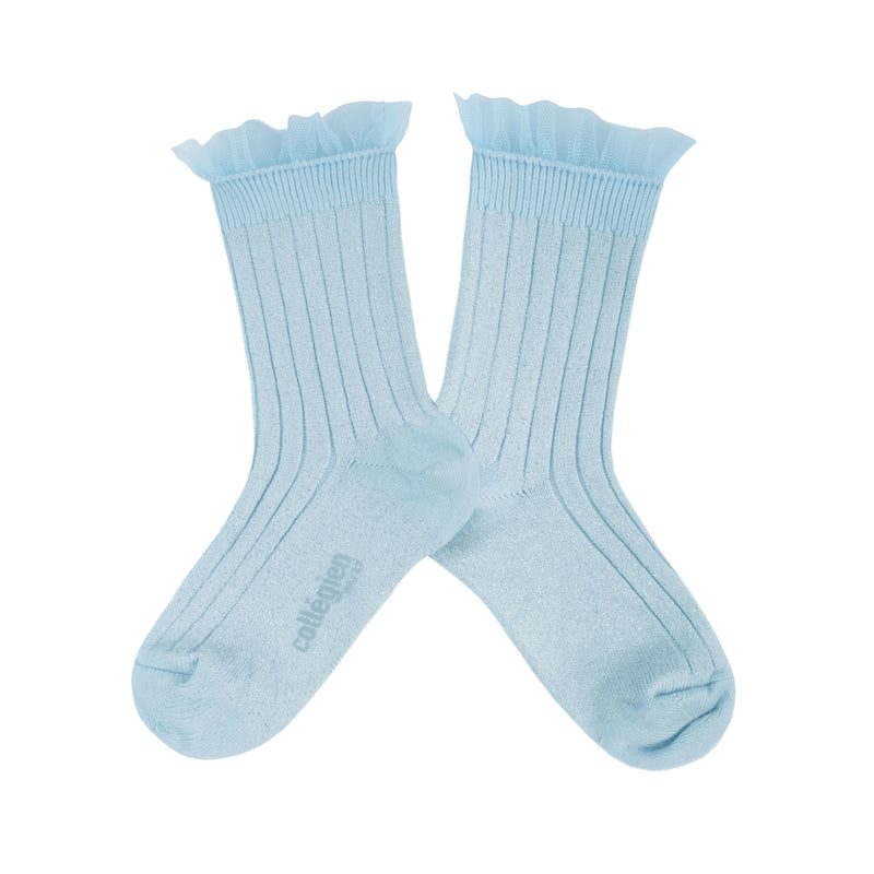 Collegien Alizee Ribbed Tulle Trim Glitter Ankle Socks / Glacier *preorder*