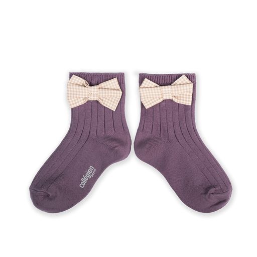 Collegien Colette Gingham Bow Ribbed Ankle Socks / Glycine *preorder*
