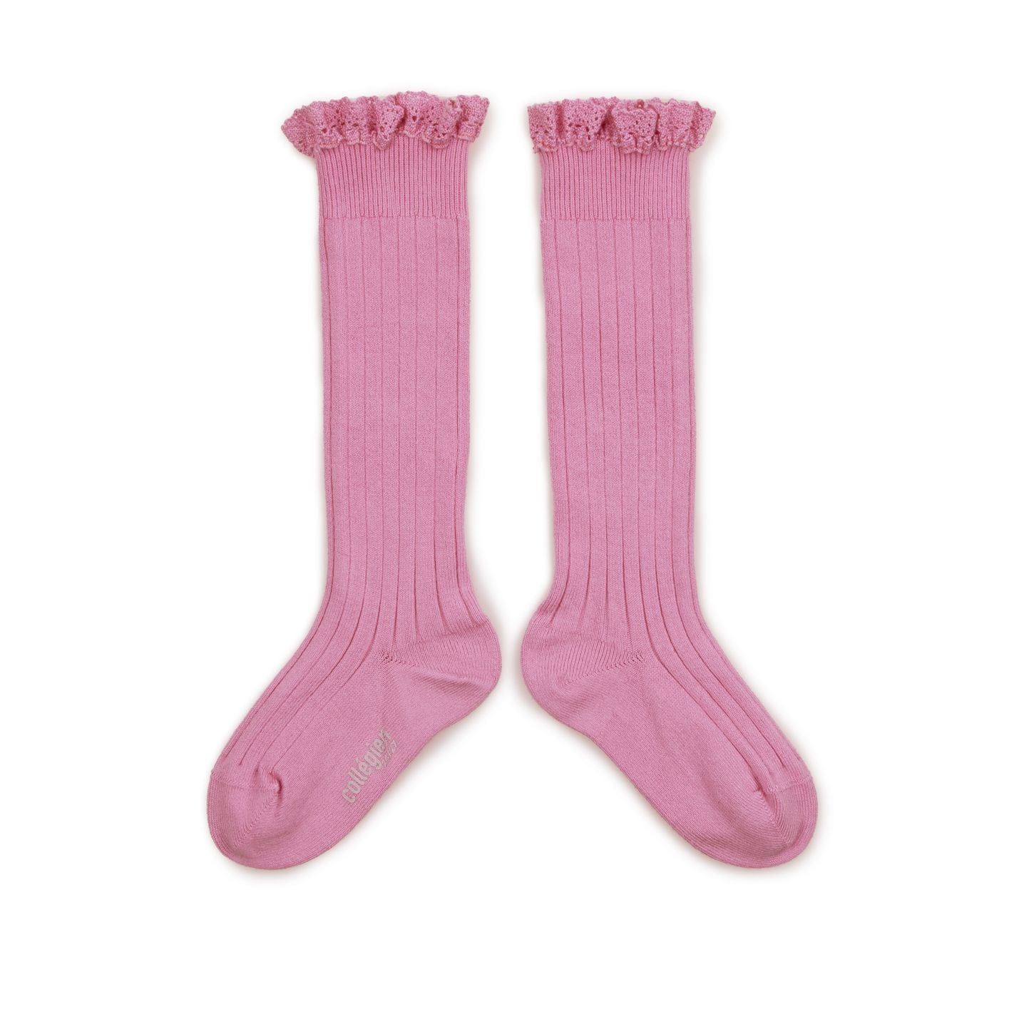 Collegien Josephine Ribbed Lace Trim Knee High Socks / Rose Bonbon *preorder*