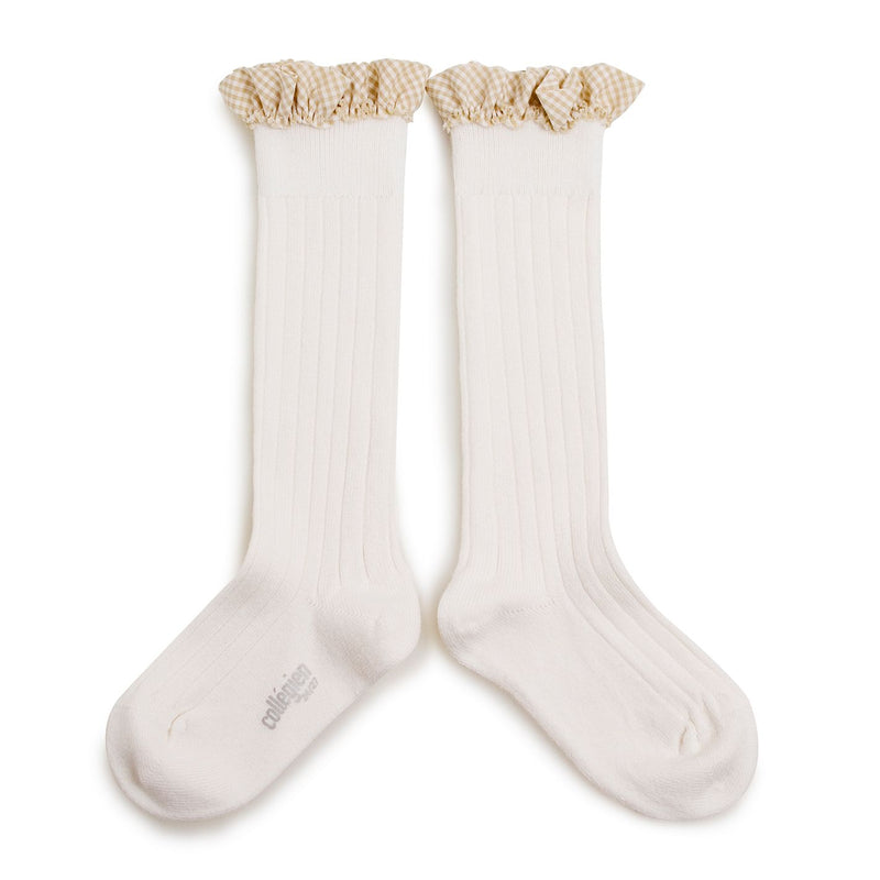 Collegien Gingham Ruffle Ribbed Knee High Socks / Blanc Neige *preorder*