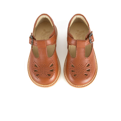 Young Soles Rosie T-Bar Leather Shoes - Chestnut Brown
