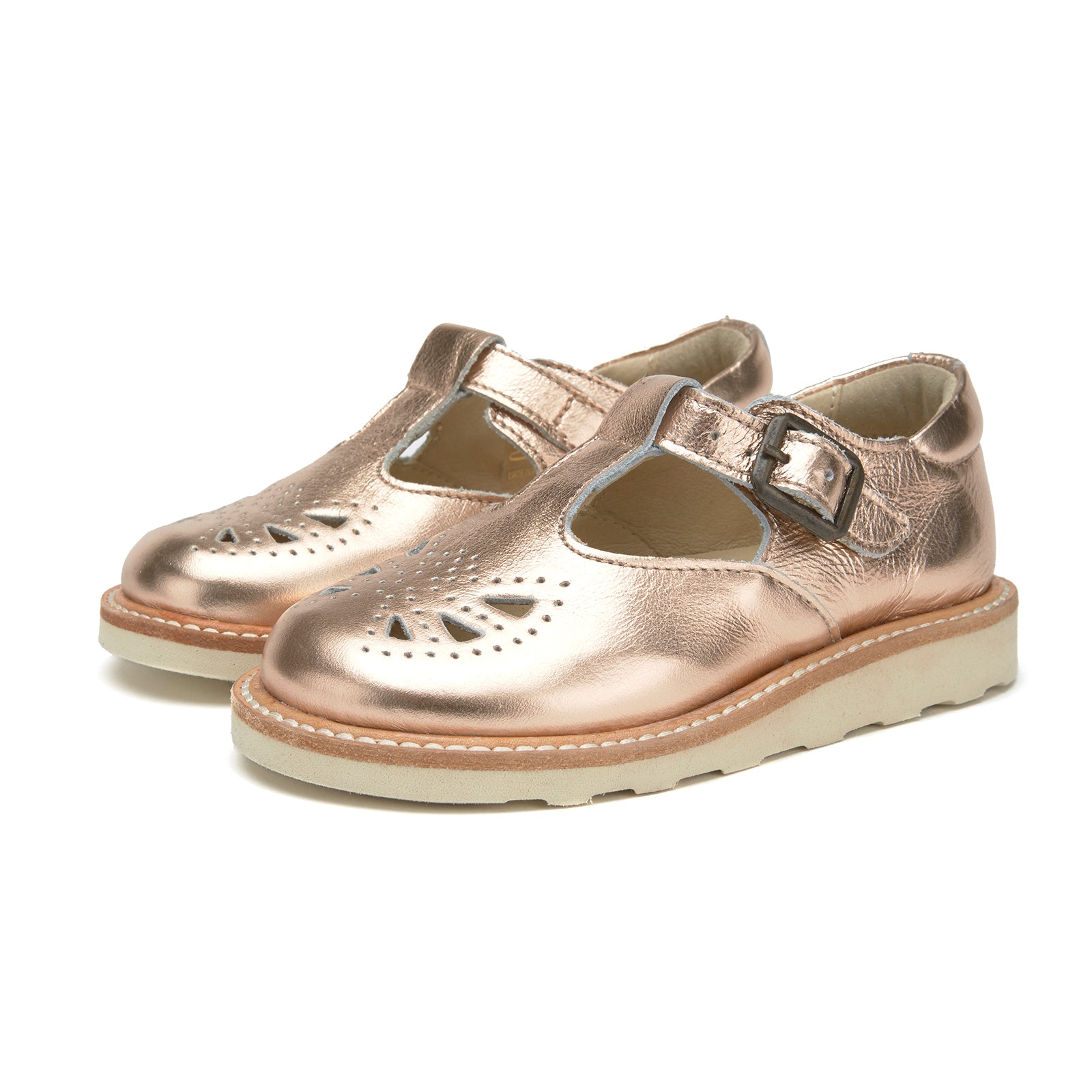 Young Soles Rosie T-Bar Leather Shoes - Rose Gold