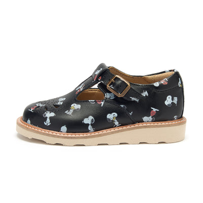 Young Soles Rosie T-Bar Snoopy Leather Shoes - Black