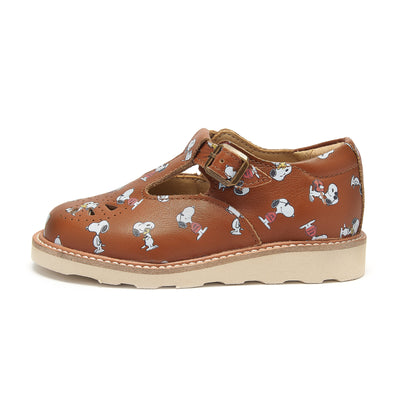 Young Soles Rosie T-Bar Snoopy Leather Shoes - Chestnut Brown