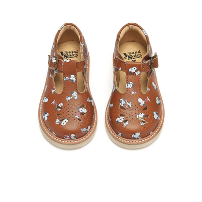 Young Soles Rosie T-Bar Snoopy Leather Shoes - Chestnut Brown
