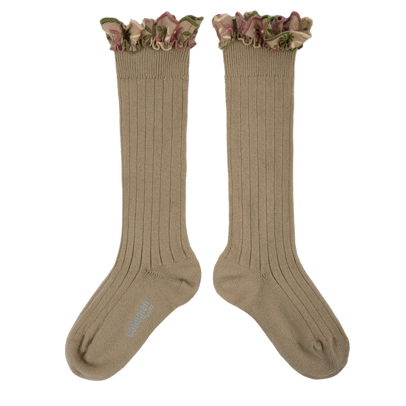 Collegien Eglantine Embroider Ruffle Knee High Socks - Petite Taupe *preorder*