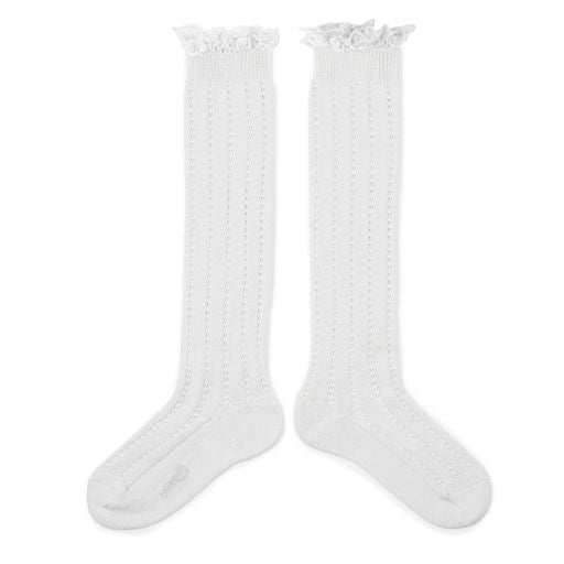 Collegien Openwork Swiss Dot Trim Knee-high Socks / Blanc Neige*preorder*