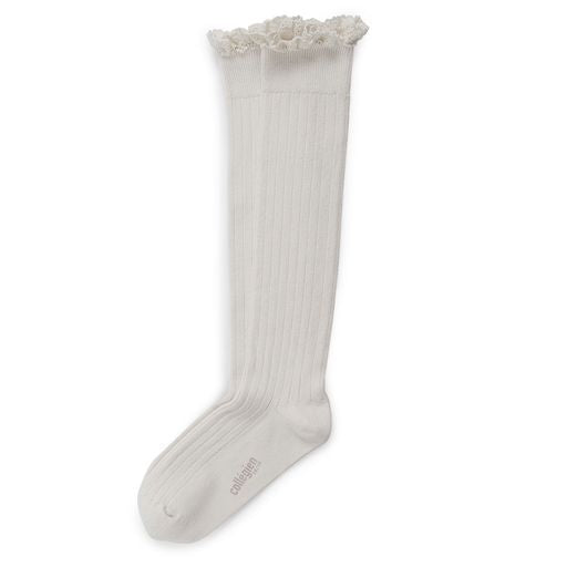 Collegien Josephine Ribbed Lace Trim Knee High Socks/ Blanc Neige*preorder*