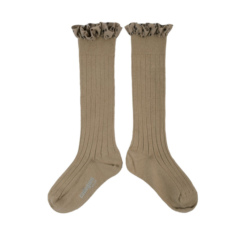 Collegien Maud Polka Dots Ruffle Knee High Socks - Petite Taupe *Preorder*