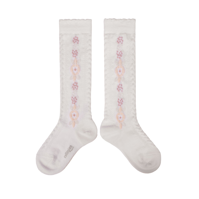 Collegien Dalia Jacquard Flower Knee High Socks - Blanc Neige *Preorder*