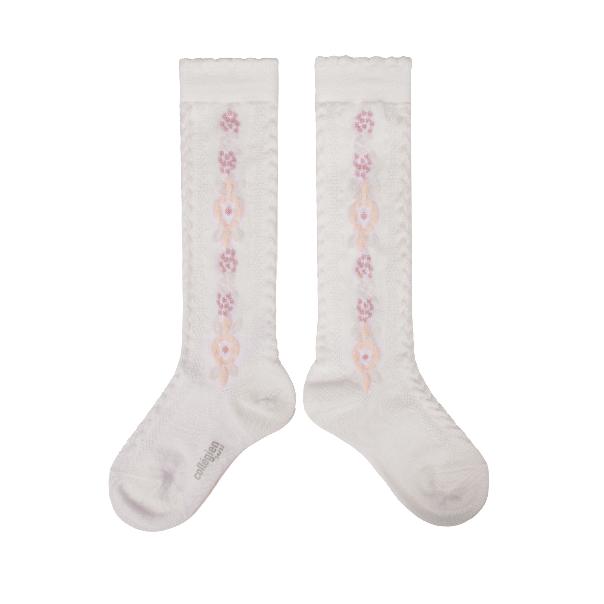 Collegien Dalia Jacquard Flower Knee High Socks - Blanc Neige