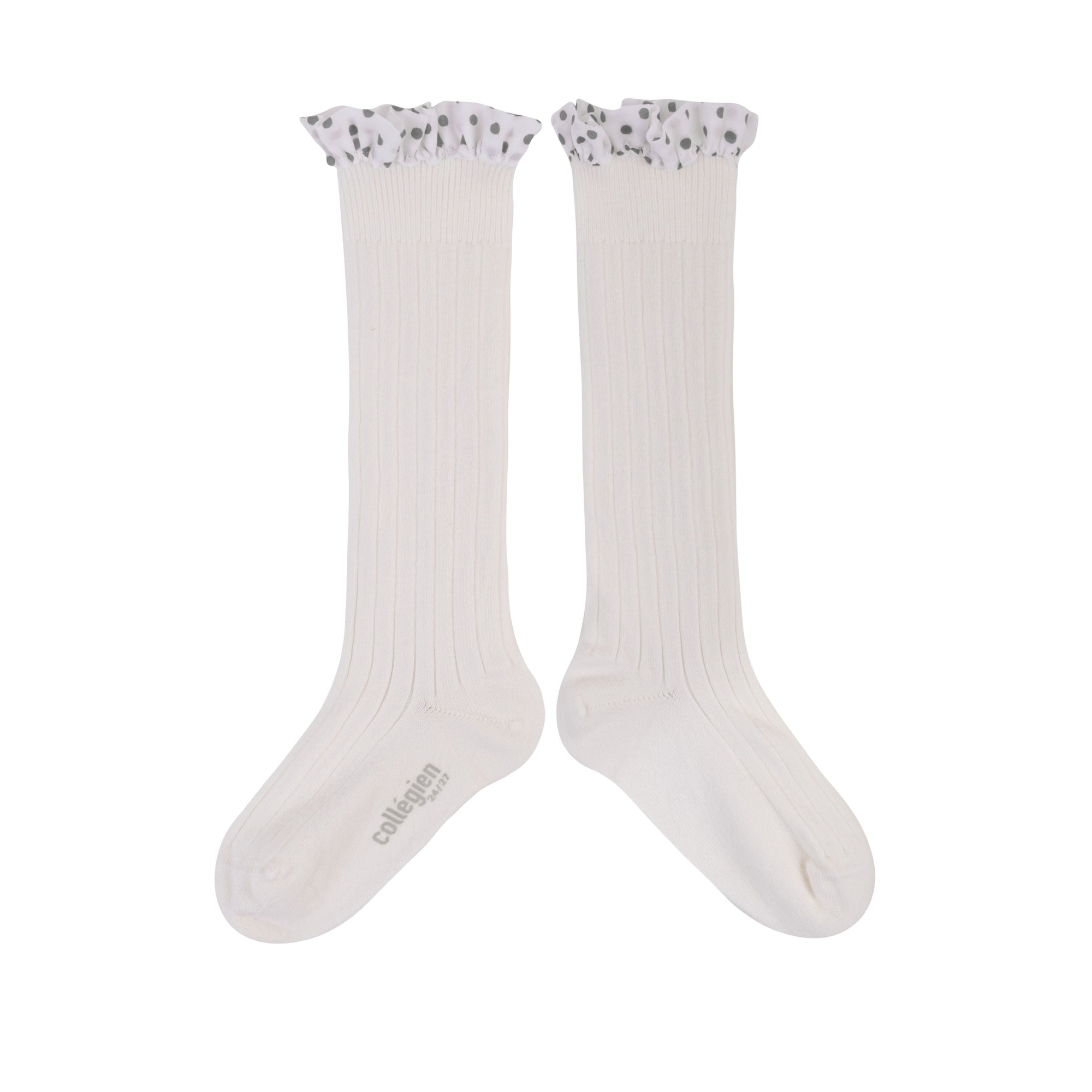 Collegien Maud Polka Dots Ruffle Knee High Socks - Blanc Neige *Preorder*