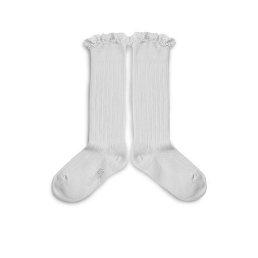 Collegien Josephine Ribbed Lace Trim Knee High Socks/ Blanc Neige*preorder*