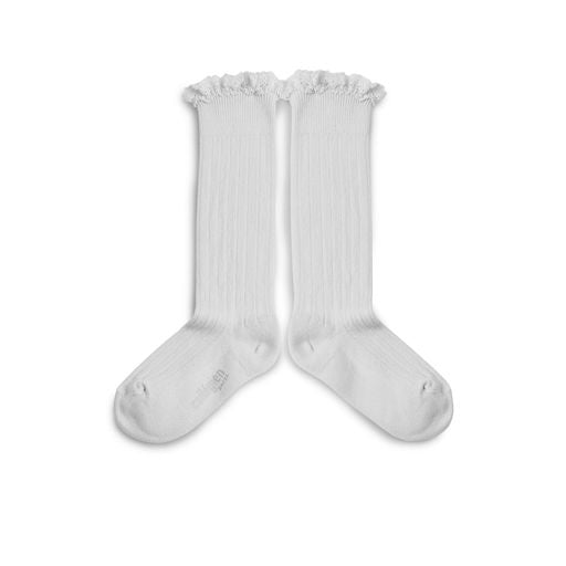 Collegien Josephine Ribbed Lace Trim Knee High Socks/ Blanc Neige*preorder*