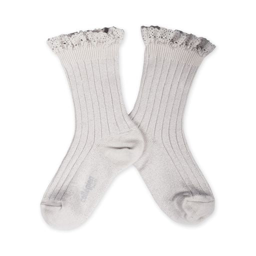 Collegien Victorine Lace-trim Glitter Ankle Socks /  Blanc Neige *preorder*
