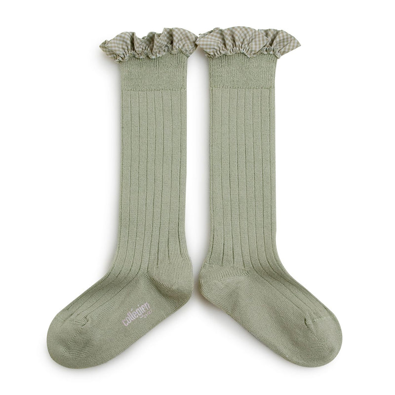 Collegien Gingham Ruffle Ribbed Knee High Socks / Marine *preorder*