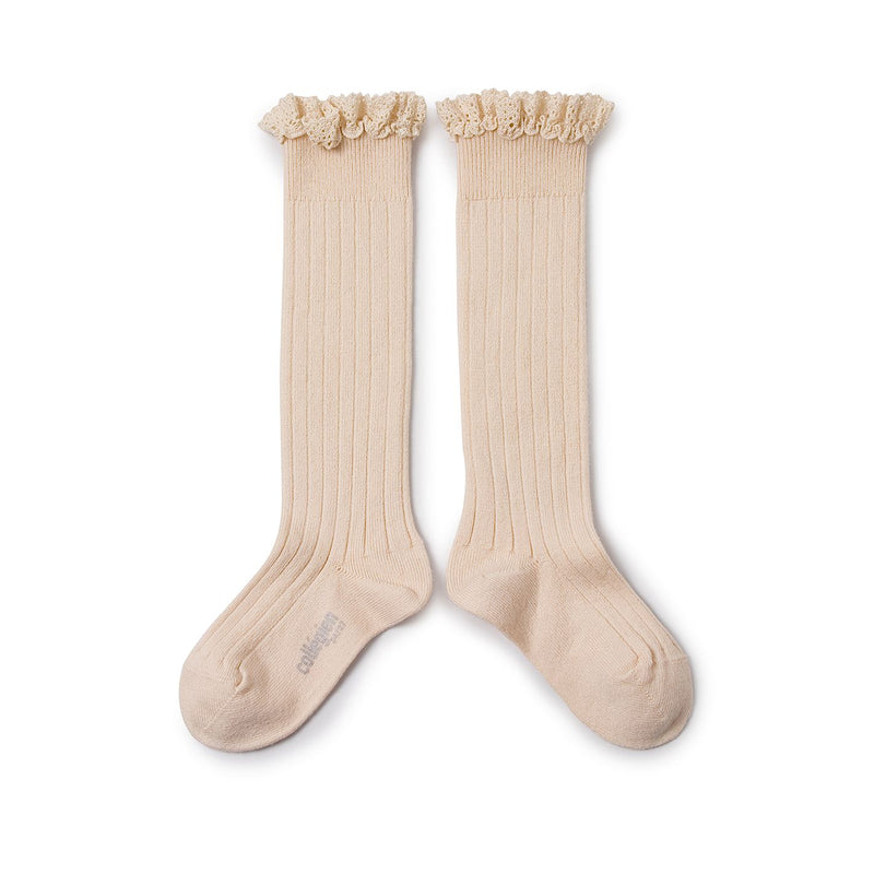 Collegien Josephine Ribbed Lace Trim Knee High Socks/ Sorbet *preorder*