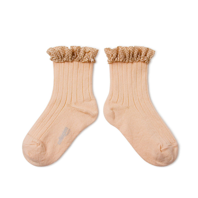 Collegien Gingham Ruffle Ribbed Ankle Socks / Sorbet *preorder*