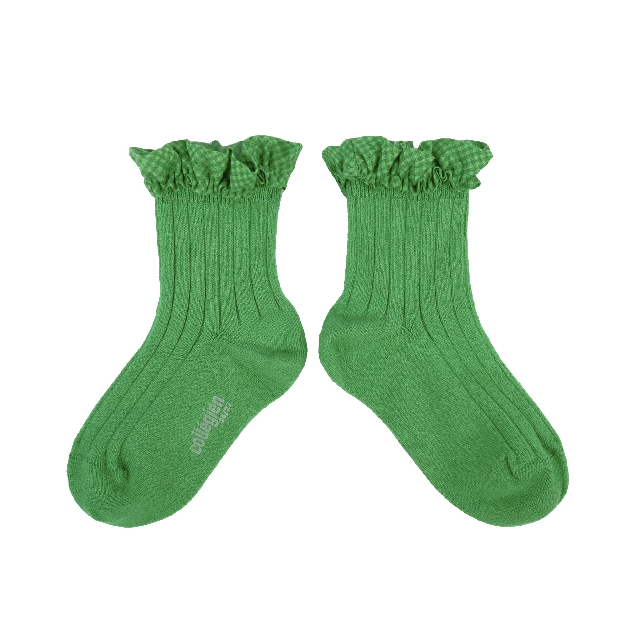 Collegien Gingham Ruffle Ribbed Ankle Socks / Vert Jackpot *preorder*