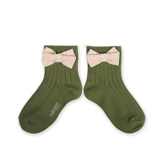 Collegien Colette Gingham Bow Ribbed Ankle Socks / Olive *preorder*