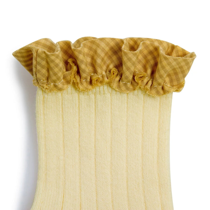 Collegien Gingham Ruffle Ribbed Ankle Socks / Yellow