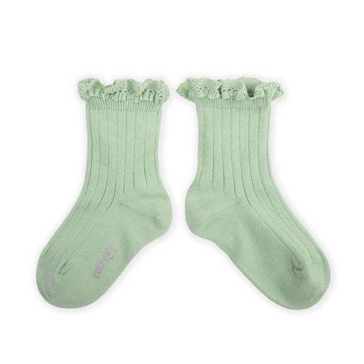 Collegien Lili Ribbed Lace Trim Ankle Socks/ Verveine *preorder*