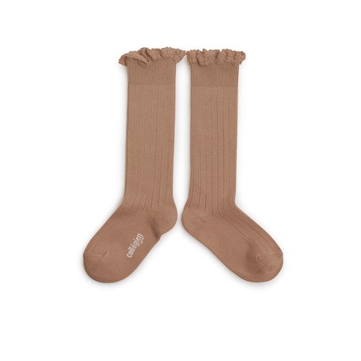 Collegien Josephine Ribbed Lace Trim Knee High Socks/ Petite Taupe *preorder*