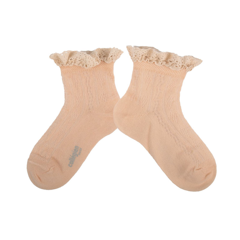 Collegien Annette lightweight Pointelle Socks w/ Lace Frill /Sorbet *preorder*
