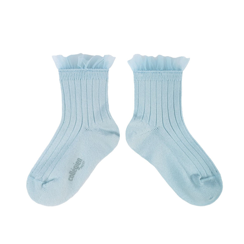 Collegien Margaux Ribbed Tulle Trim Ankle Socks / Glacier *preorder*