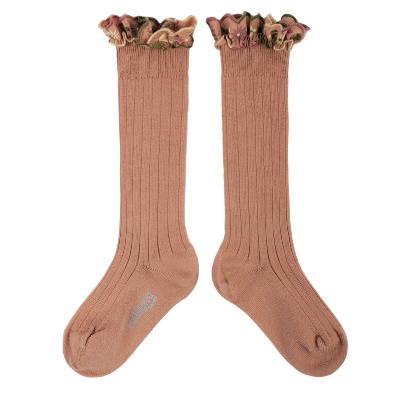 Collegien Eglantine Embroider Ruffle Knee High Socks - Bois de Rose  *preorder*