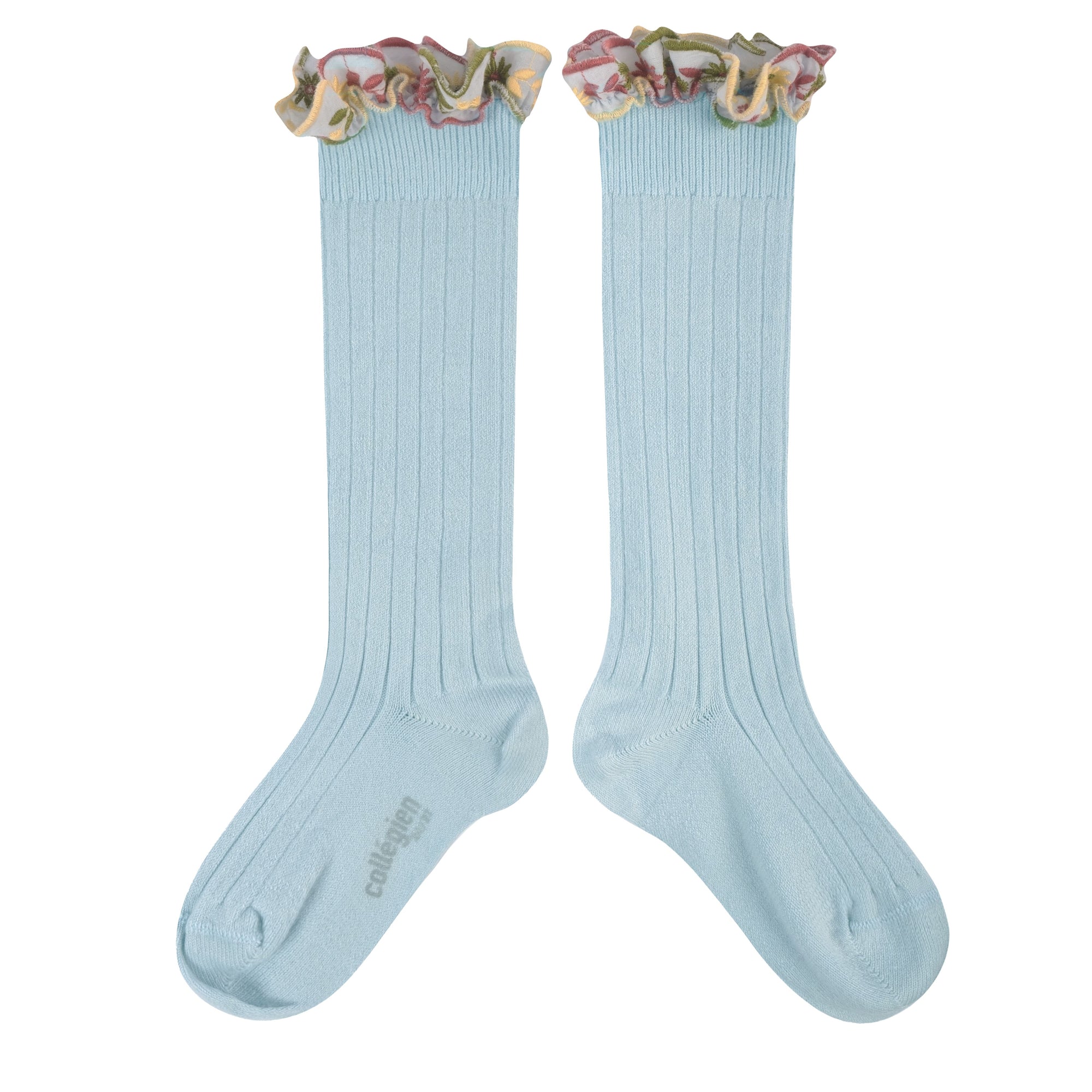 Collegien Eglantine Embroider Ruffle Knee High Socks - Glacier *preorder*