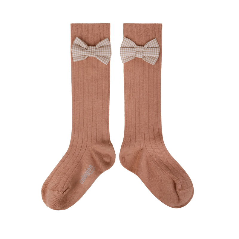 Collegien Jeanne Gingham Bow Knee High Socks/ Bois de Rose *Preorder*
