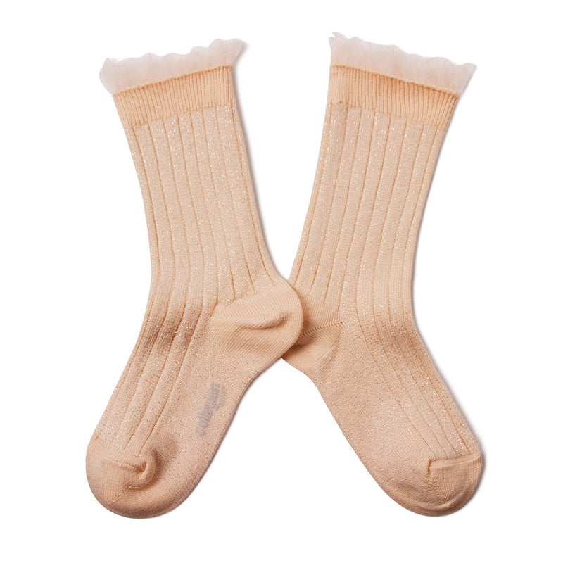 Collegien Alizee Ribbed Tulle Trim Glitter Ankle Socks / Sorbet *preorder*